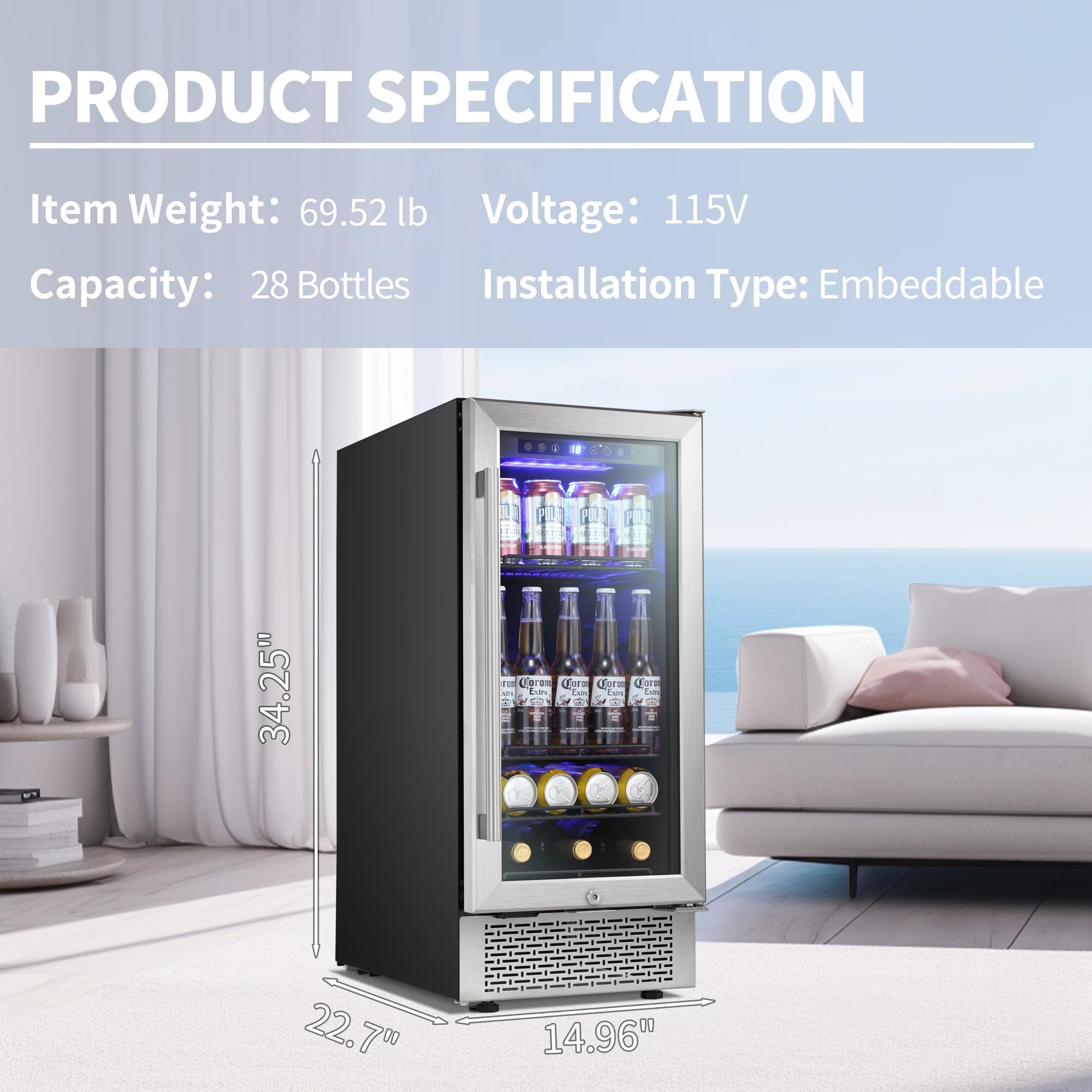 15 inch Beverage Refrigerator with Clear Glass Door and Digital Temperature Control K261627