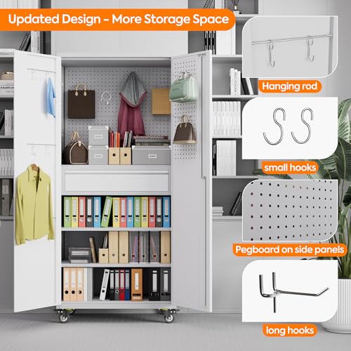 Metal Storage Cabinet with Wheels, 73" H, Locking Doors and Adjustable Shelves C8462