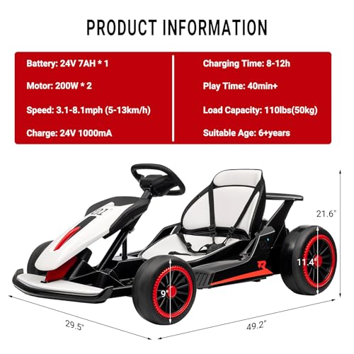 Kids Go Kart, 24V Electric Drift Car with Dual 200W Motors, 2-Speed, White B188186