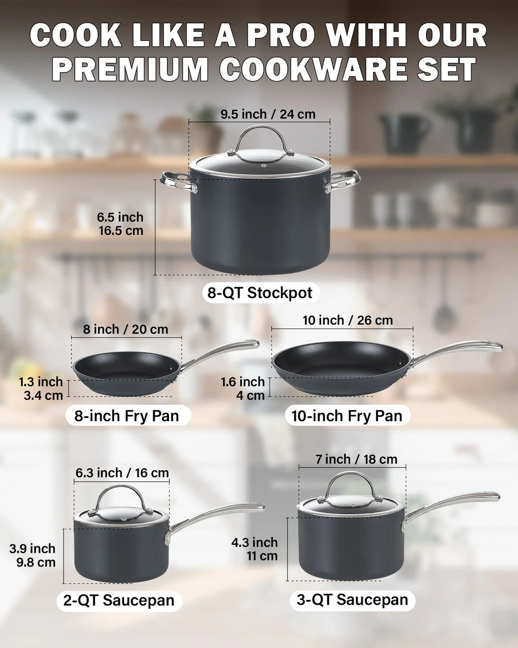 Nonstick Hard Anodized Cookware Set, 8-Piece Pots and Pans with Lids Q1342