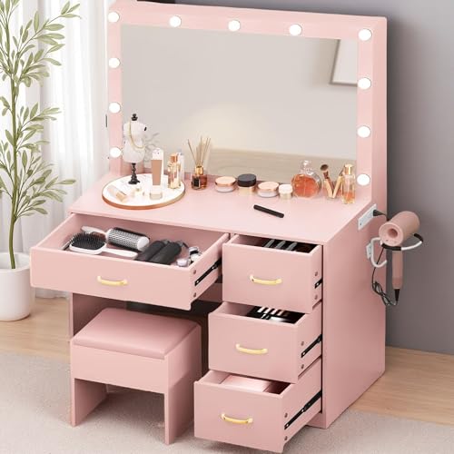 Vanity Desk Set with LED Mirror, Makeup Table with Drawers and Stool D406695