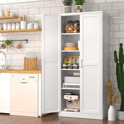 Tall Kitchen Storage Cabinet with Doors and Adjustable Shelves, Black Freestanding Cupboard X34021