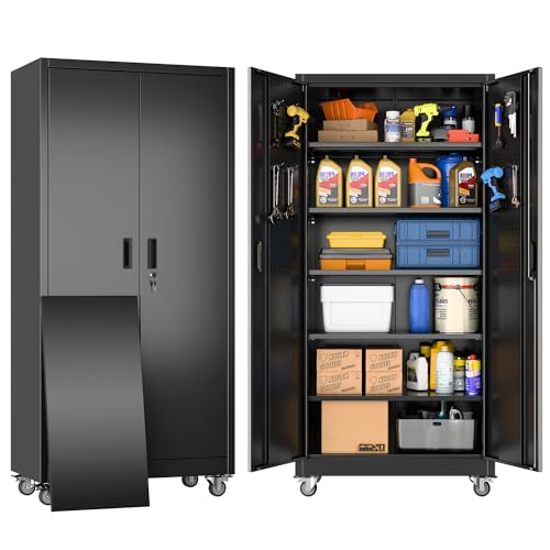 Metal Storage Cabinet with Wheels, 73" H, Locking Doors and Adjustable Shelves C8462