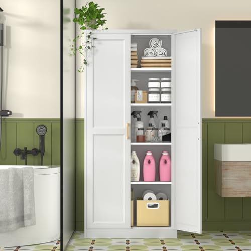 Tall Kitchen Storage Cabinet with Doors and Adjustable Shelves, Black Freestanding Cupboard X34021