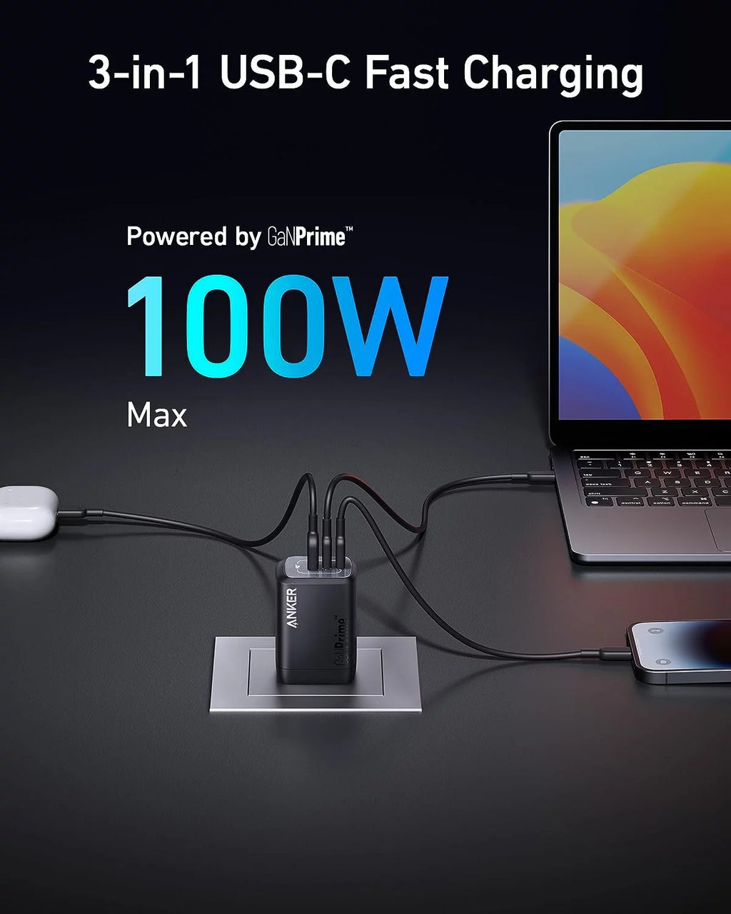 100W USB C GaN Wall Charger, 3-Port Compact Fast Charger K656533