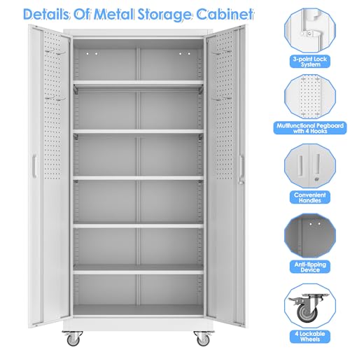 Garage Storage Cabinet with Wheels, 72" H, 2 Doors, 4 Adjustable Shelves, Black Q104