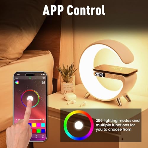 Smart LED Table Lamp with Wireless Charger, Alarm Clock, and Bluetooth Speaker J618863