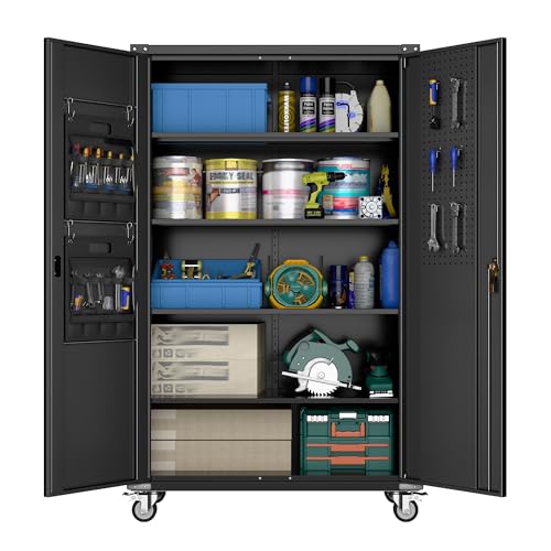 Garage Storage Cabinet with Wheels, 72" H, 2 Doors, 4 Adjustable Shelves, Black Q104
