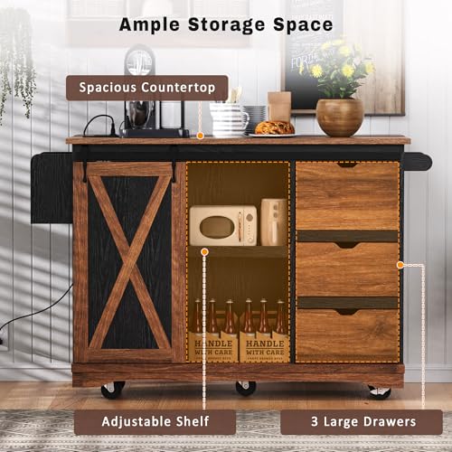 Farmhouse Kitchen Island with Drop Leaf, Barn Door and Wheels O34026