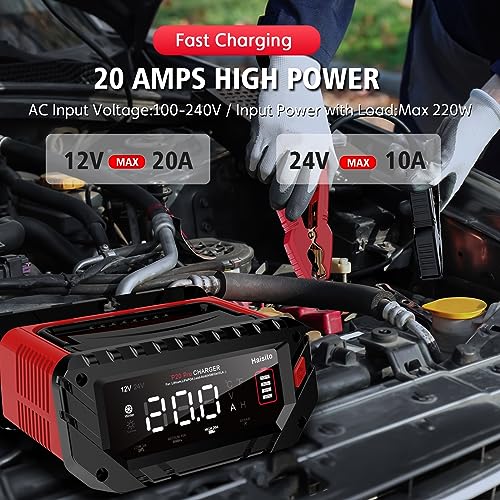 20 Amp Lithium Battery Charger, 12V and 24V Lifepo4, Lead-Acid Portable Car Battery Charger R763