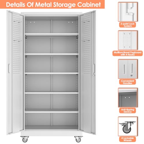 Metal Storage Cabinet with Wheels, 73" H, Locking Doors and Adjustable Shelves C8462