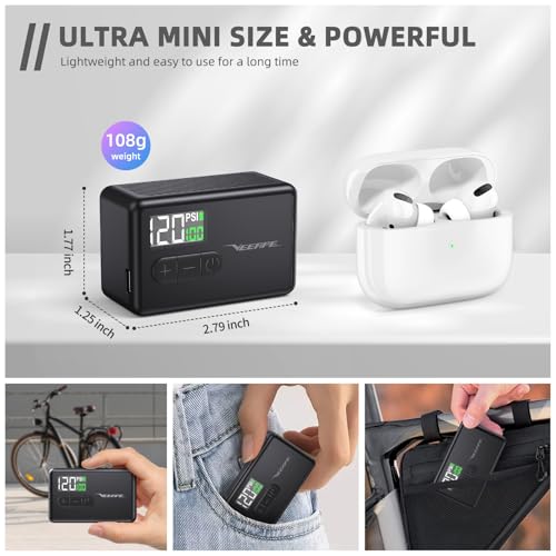 Portable Electric Bicycle Pump, 120PSI, Type-C Rechargeable, Presta & Schrader Valves A866982