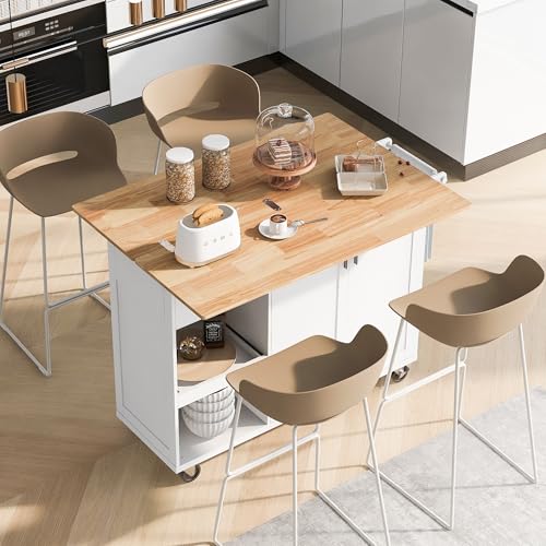 Large Kitchen Island with Drop Leaf, Rolling Cart, Power Outlet R822