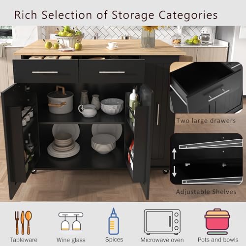 Large Kitchen Island with Drop Leaf, Rolling Cart, Power Outlet R822