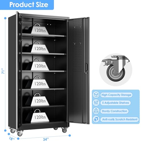 Garage Storage Cabinet with Wheels, 72" H, 2 Doors, 4 Adjustable Shelves, Black Q104