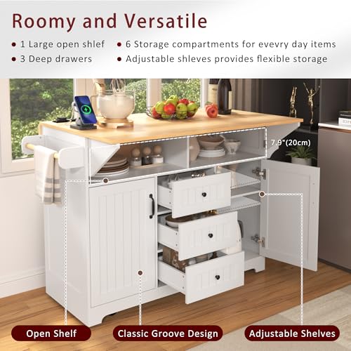 Large Kitchen Island with Drop Leaf, Rolling Cart, Power Outlet R822