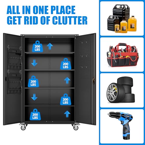Garage Storage Cabinet with Wheels, 72" H, 2 Doors, 4 Adjustable Shelves, Black Q104