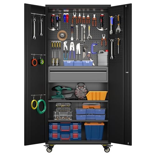 Metal Storage Cabinet with Wheels, 73" H, Locking Doors and Adjustable Shelves C8462