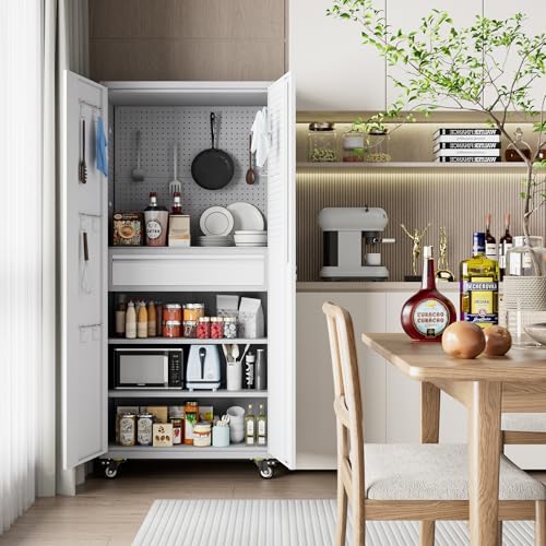 Metal Storage Cabinet with Wheels, 73" H, Locking Doors and Adjustable Shelves C8462
