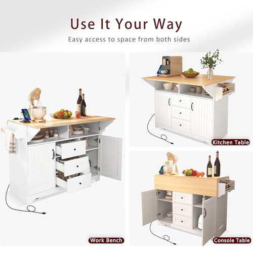 Large Kitchen Island with Drop Leaf, Rolling Cart, Power Outlet R822