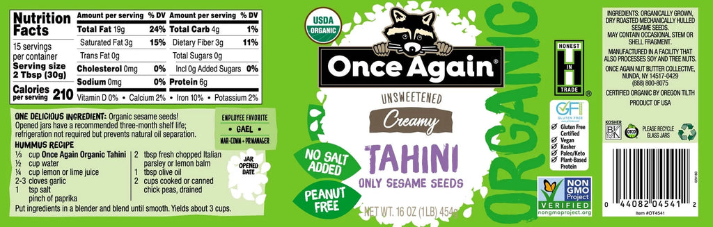 Organic Unsweetened Tahini Creamy Sesame Seed, 16 oz Pack of 4 C871721