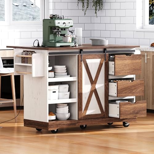 Farmhouse Kitchen Island with Drop Leaf, Barn Door and Wheels O34026