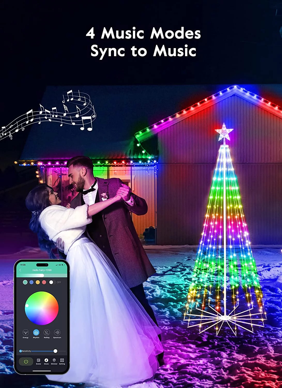 Smart Christmas Cone Tree LED Light, 6ft 265 LED Music Sync with Remote APP D46079
