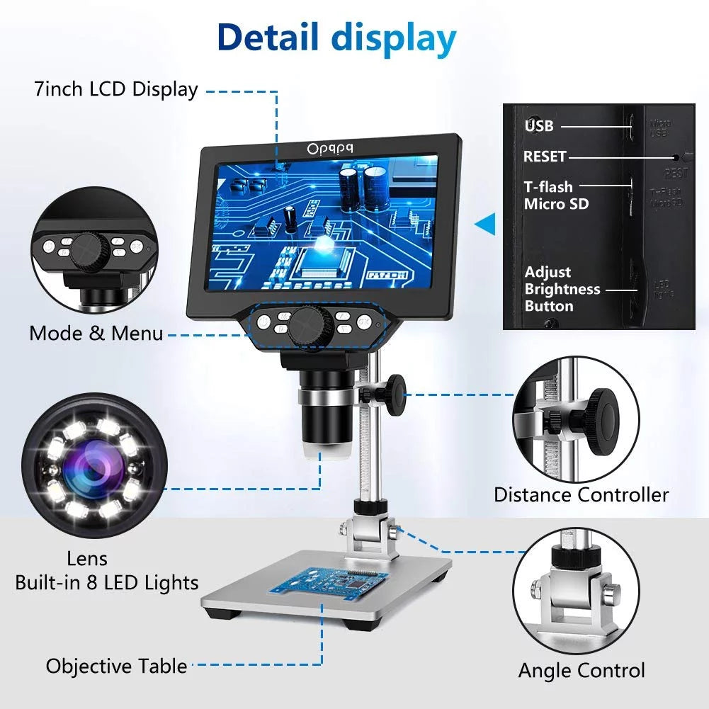 7" LCD Digital Microscope, 1200X Coin Microscope with 32GB Card, 12MP Camera, LED Fill Lights, PC View O9021