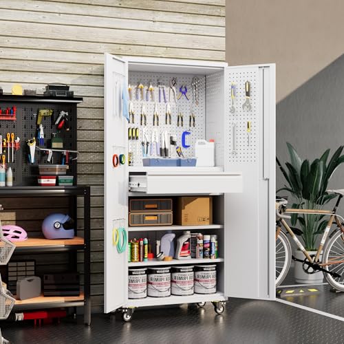 Metal Storage Cabinet with Wheels, 73" H, Locking Doors and Adjustable Shelves C8462