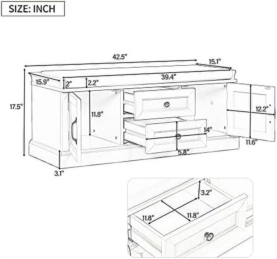 Solid Wood Shoe Bench with 3 Shutter Doors and Removable Cushion Q53541