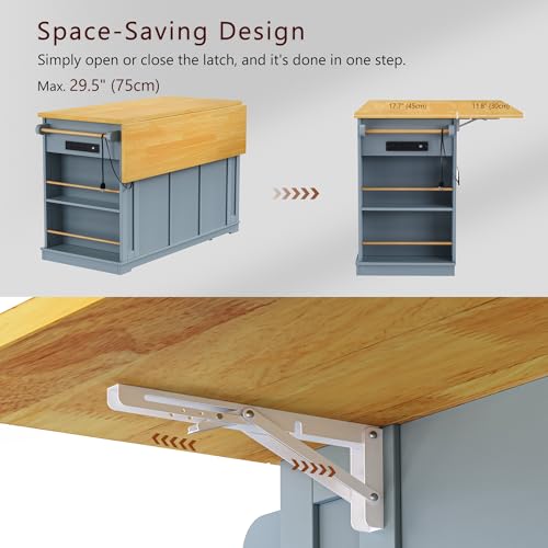 Large Kitchen Island with Drop Leaf, Rolling Cart, Power Outlet R822