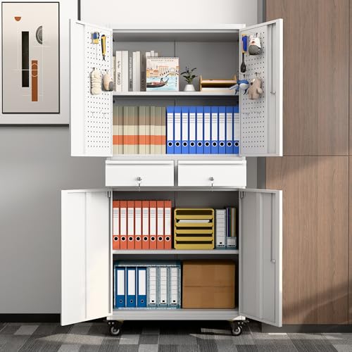 Metal Storage Cabinet with Wheels, 73" H, Locking Doors and Adjustable Shelves C8462