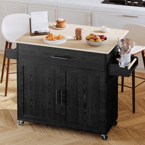 Kitchen Island with Storage, Rolling Cart with Drop Leaf and Charging Station H744