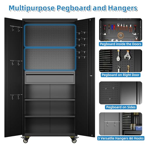 Metal Storage Cabinet with Wheels, 73" H, Locking Doors and Adjustable Shelves C8462