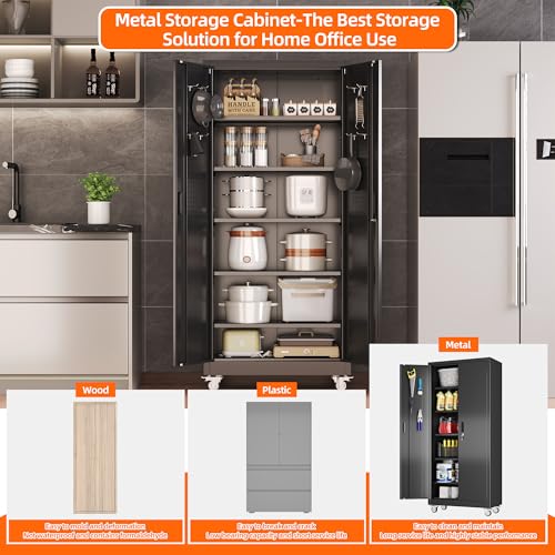 Metal Storage Cabinet with Wheels, 73" H, Locking Doors and Adjustable Shelves C8462