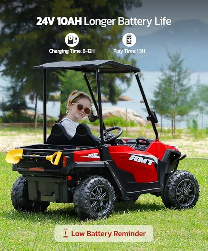 24V Ride on Car 2 Seater with Sun Shade, Dump Bed & Shovel, 4WD Electric Truck for Kids F44284