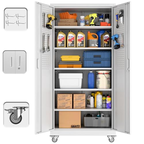 Garage Storage Cabinet with Wheels, 72" H, 2 Doors, 4 Adjustable Shelves, Black Q104