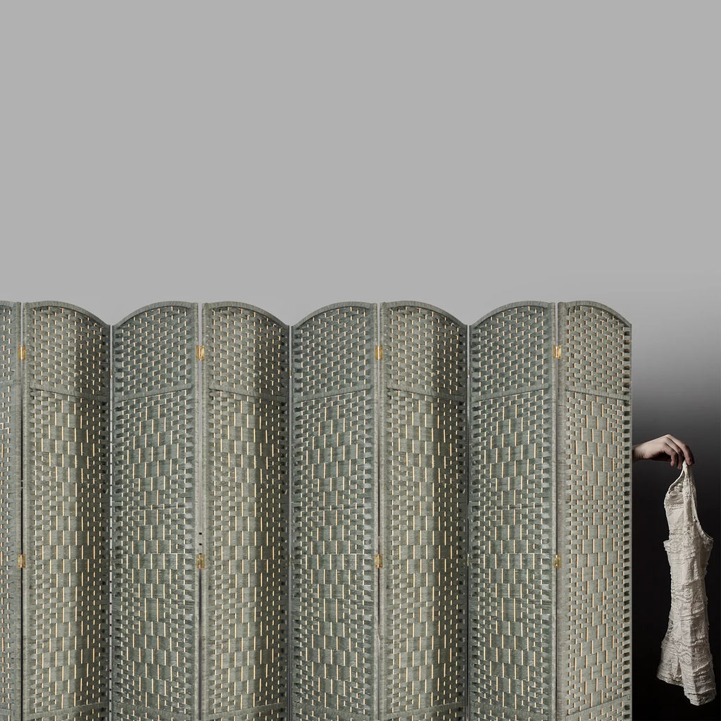 5.7ft Wood Fiber Woven Room Divider 8 Panels, Foldable Grey I3023