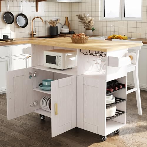 Rolling Kitchen Island Cart with Drop Leaf Countertop and Storage D32375