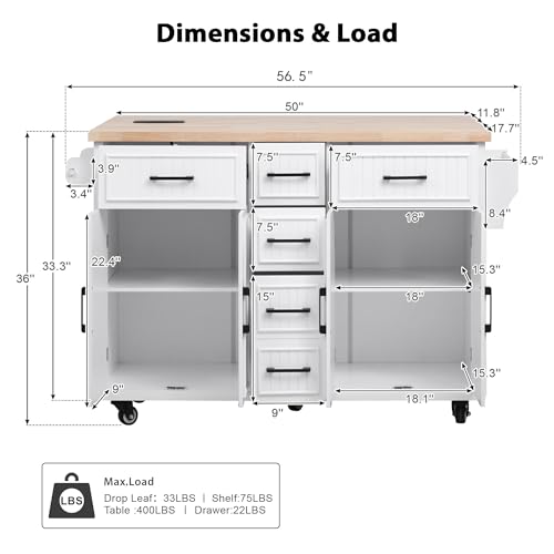 Kitchen Island Cart with Drop Leaf, Power Outlet, and 5 Storage Shelves Z644898