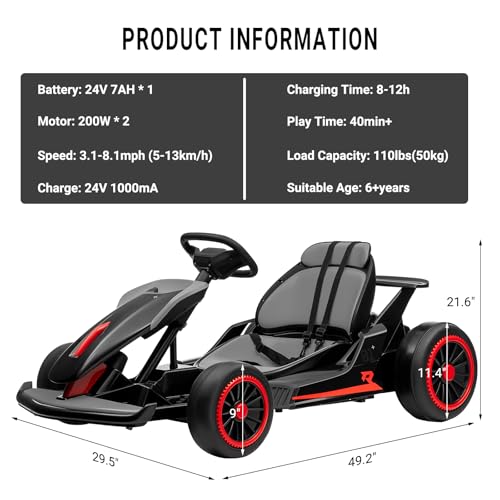 Kids Go Kart, 24V Electric Drift Car with Dual 200W Motors, 2-Speed, White B188186