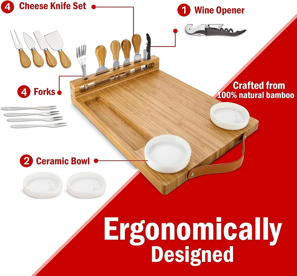 Bamboo Cheese Board with Knife Set and Ceramic Bowls R1757