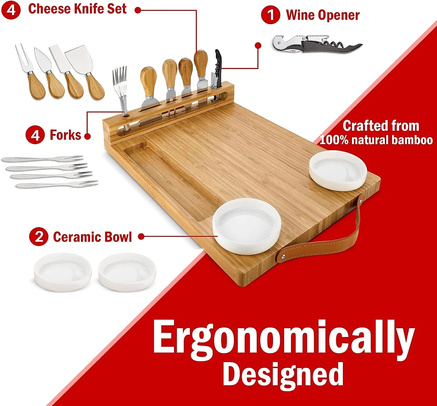 Bamboo Cheese Board with Knife Set and Ceramic Bowls R1757