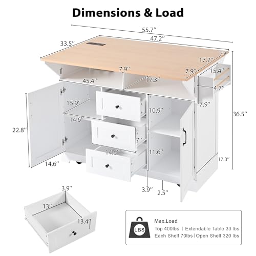 Large Kitchen Island with Drop Leaf, Rolling Cart, Power Outlet R822