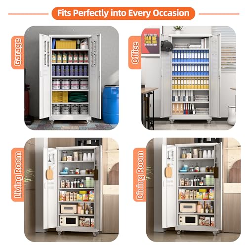 Metal Storage Cabinet with Wheels, 73" H, Locking Doors and Adjustable Shelves C8462