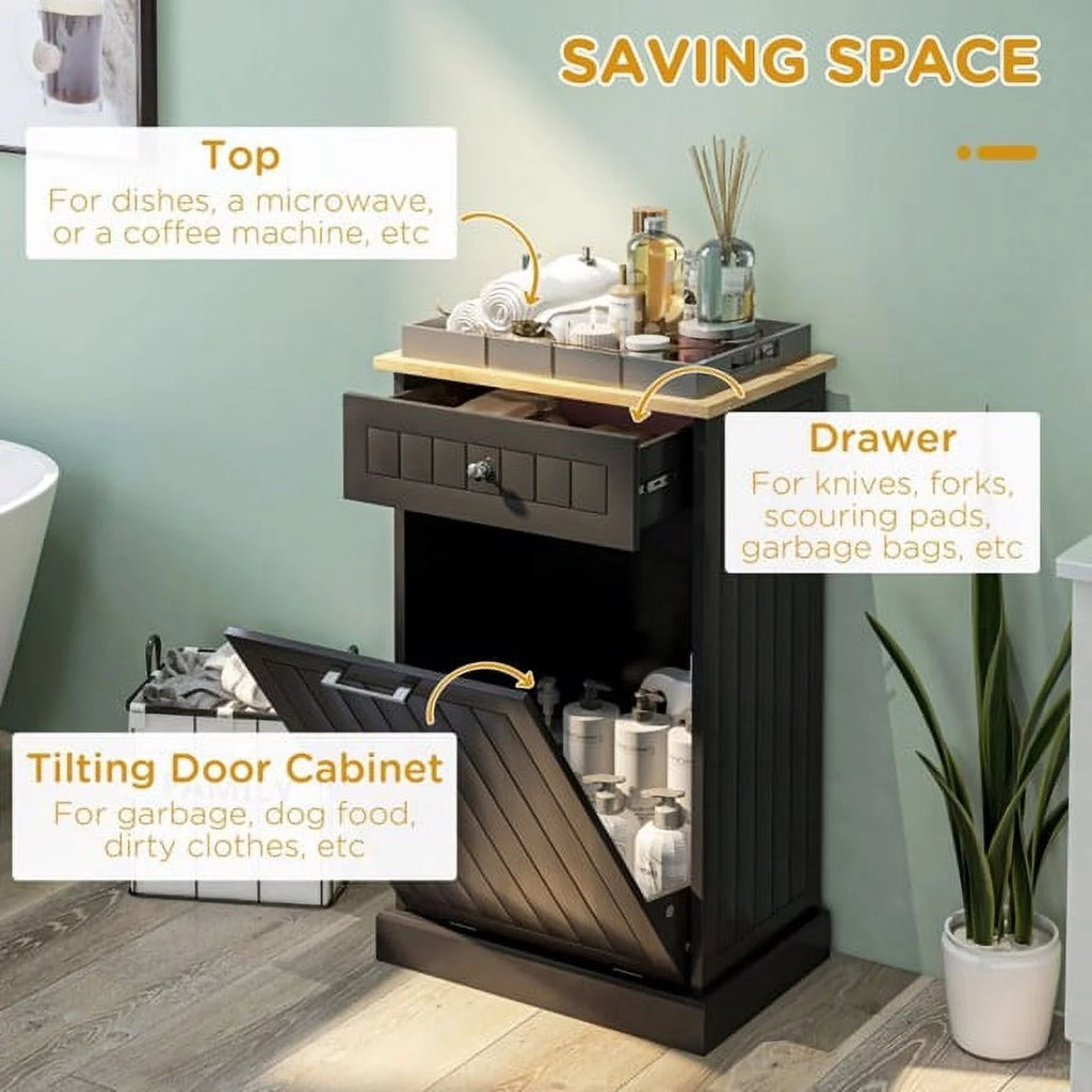 Tilt Out Trash Bin Cabinet with Drawer, Freestanding Laundry Sorter M867356