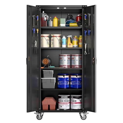 Metal Storage Cabinet with Wheels, 73" H, Locking Doors and Adjustable Shelves C8462