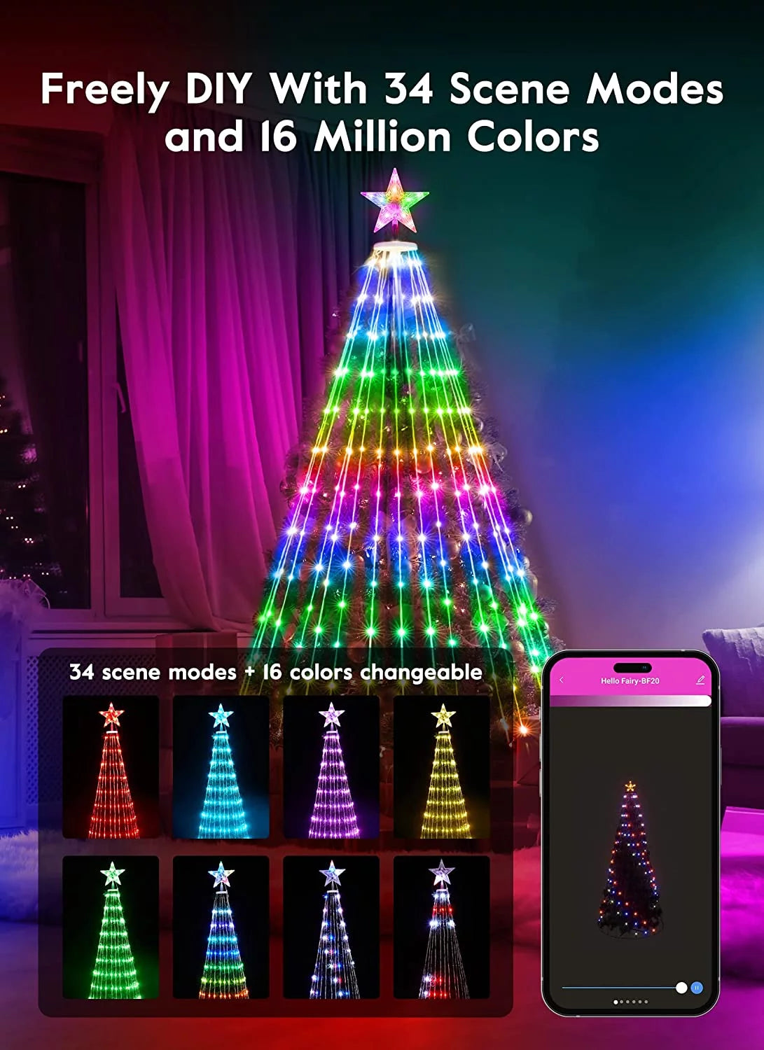 Smart Christmas Cone Tree LED Light, 6ft 265 LED Music Sync with Remote APP D46079