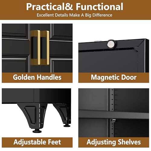 Tall Kitchen Storage Cabinet with Doors and Adjustable Shelves, Black Freestanding Cupboard X34021