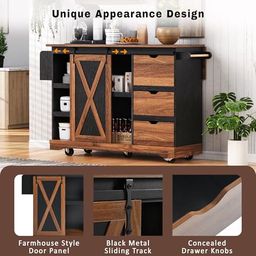 Farmhouse Kitchen Island with Drop Leaf, Barn Door and Wheels O34026